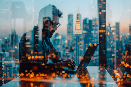 Businessman working on a laptop in an office, with a transparent overlay showing a modern cityscape of buildings and skyscrapers. Ideal for themes of technology, business, and urban life. Ai Generate.