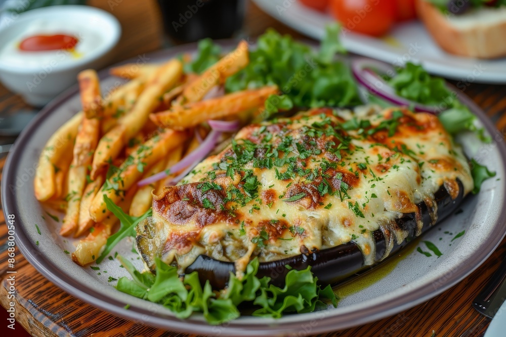 Stuffed aubergines with beef tomato bechamel cheese salad and fries Greek style Stuffed aubergines with beef tomato bechamel cheese salad and fries Greek style