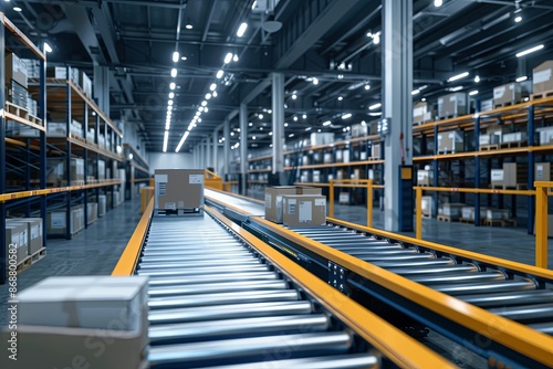 Efficient online order processing at a modern fulfillment center with conveyor belt system for packaged goods. Generative AI © Azhorov
