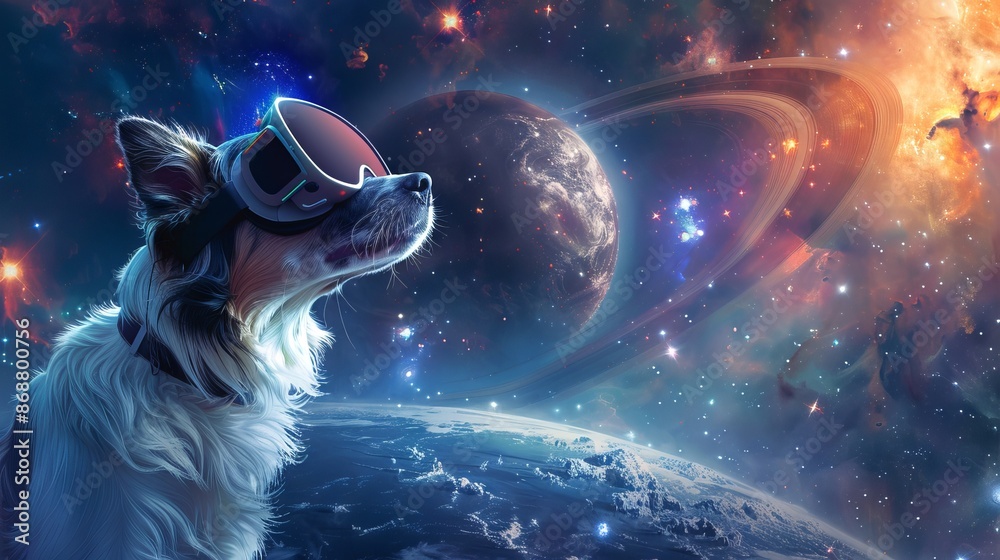Australian shepherd dog wearing a VR headset in a space-themed background. Concept of virtual reality, futuristic technology, space exploration