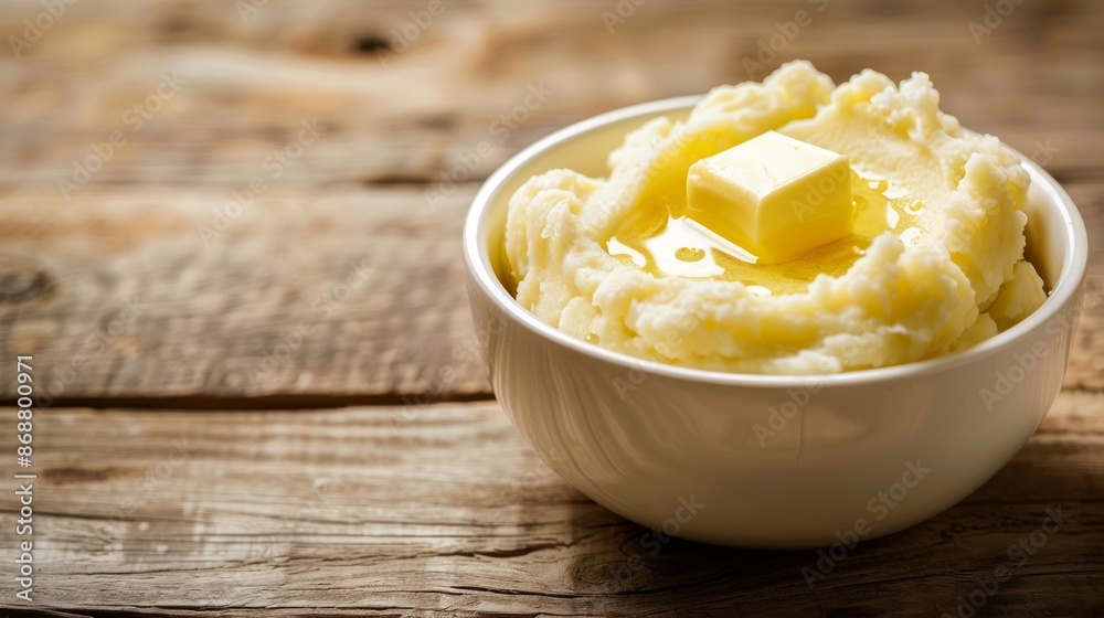 Creamy mashed potatoes with butter in a white bowl. Concept of comfort food, homemade cooking, potato dish, comfort eating Creamy mashed potatoes with butter in a white bowl. Concept of comfort food, homemade cooking, potato dish, comfort eating
