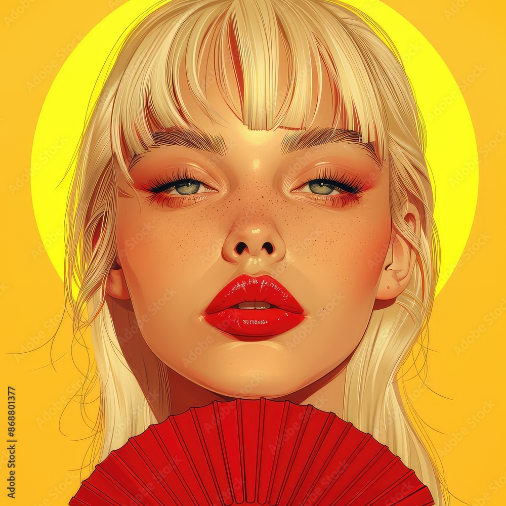 Blonde Woman with Red Paper Fan: Cartoon Character Blonde Woman with Red Paper Fan: Cartoon Character