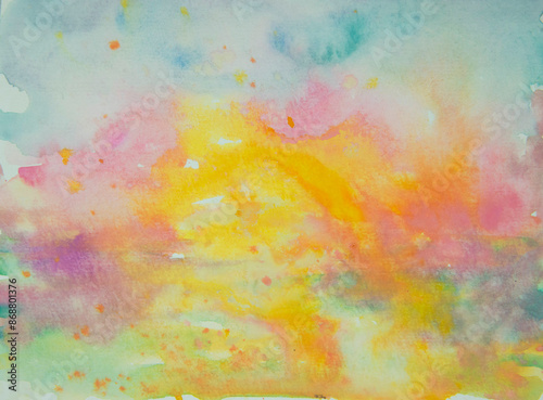 Summer watercolor textured sunset background with pink, turquoise and yellow, rainbow colors © Olga Deptula Art
