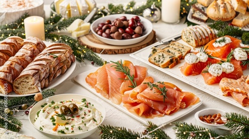 Festive table setting with assorted smoked salmon and cheese platter, candles, and festive decorations. Concept of holiday feast, gourmet food, celebration, dining
