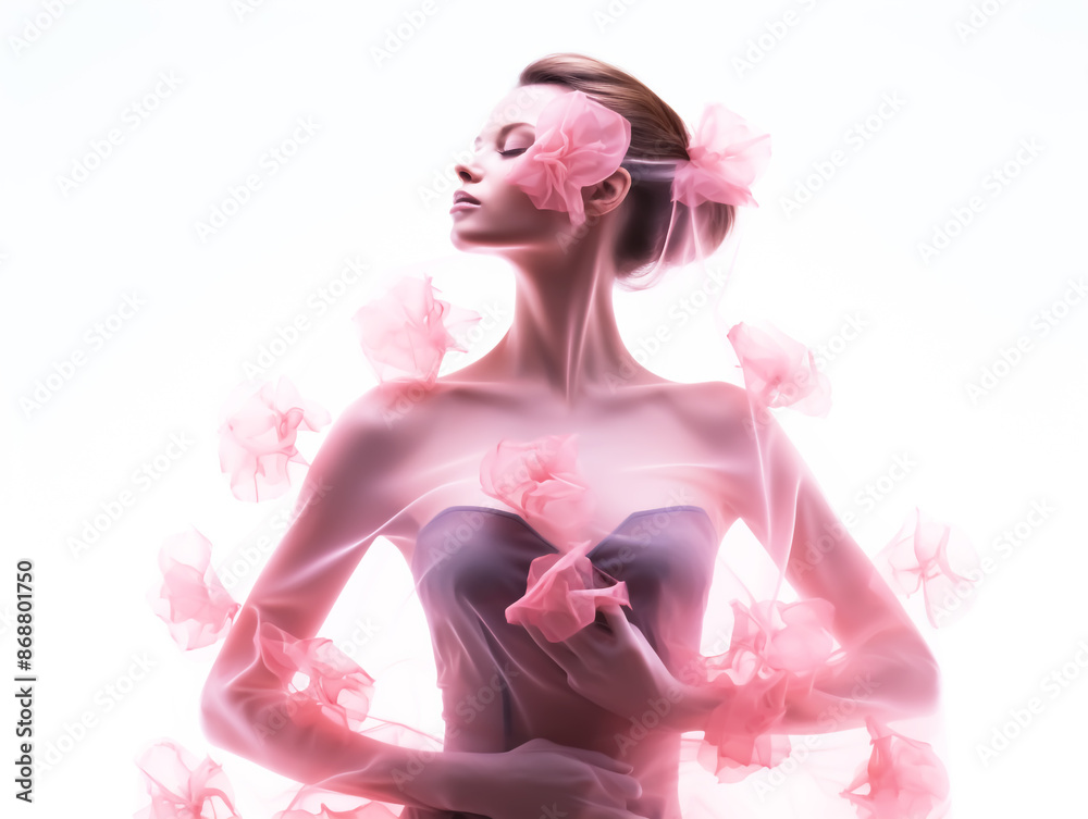 Romantic look of elegant woman surrounded by pink petals on white background Romantic look of elegant woman surrounded by pink petals on white background
