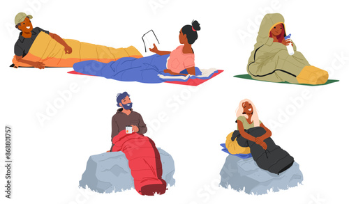 Cartoon Characters Relaxing In Colorful Sleeping Bags. People Enjoying The Outdoors While Sitting On Mats And Rocks