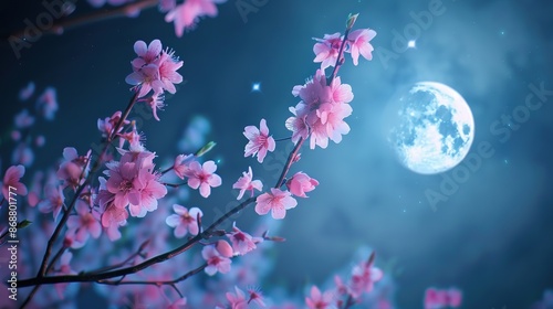 Romantic night scene - Beautiful pink flower blossom in night skies with full moon. sakura flower in night © Boraryn