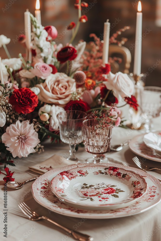 Beautifully set table with bouquets of various flowers in vases, candles, luxury tableware and golden cutlery