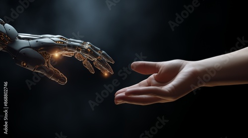 Human hand trying to reach robotic android hand. Artificial Intelligence conquer concept