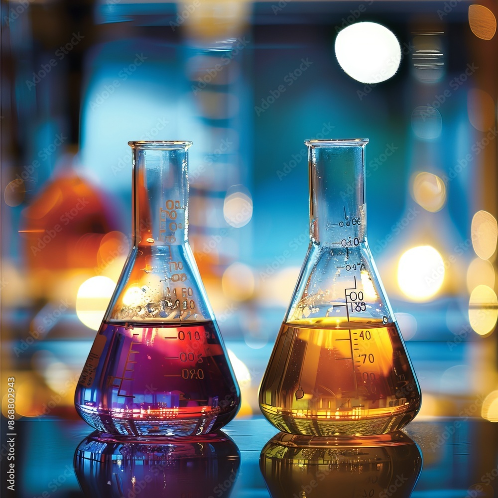 Two beakers in a chemistry lab contain different chemical solutions, creating a colorful and scientific backdrop. Two beakers in a chemistry lab contain different chemical solutions, creating a colorful and scientific backdrop.