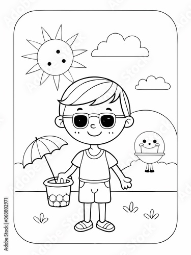 summer beach scene coloring page features a cheerful kid with a bucket and an umbrella, perfect for children to enjoy a fun and creative activity. Ideal for summer camps, beach parties, or a relaxing 