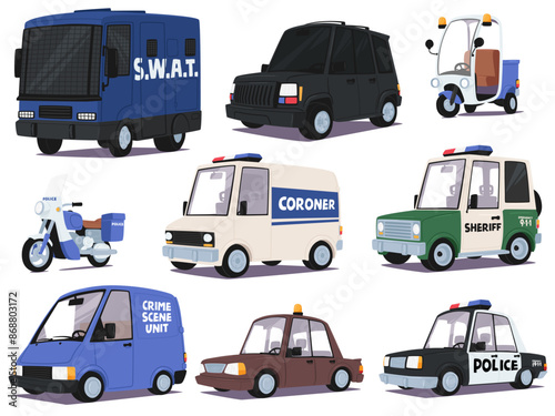 Set Of Various Police Vehicles Including Swat, Sheriff, Coroner, Police And Motorcycle. Each Vehicle Is Uniquely Styled