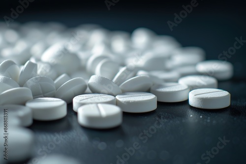 Round white tablets pills on dark background. Selective focus on white tablets pills