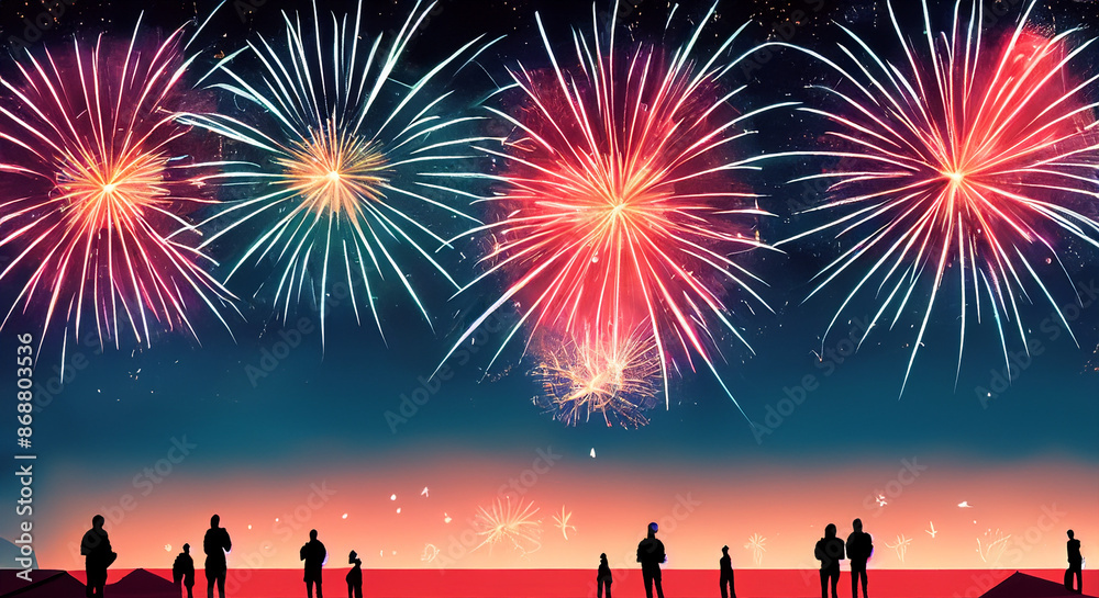 People Watching Fireworks in Sky Landscape Illustration People Watching Fireworks in Sky Landscape Illustration