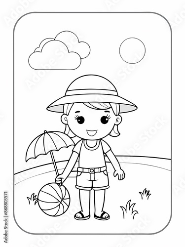 summer beach scene coloring page features a cheerful kid with a bucket and an umbrella, perfect for children to enjoy a fun and creative activity. Ideal for summer camps, beach parties, or a relaxing 
