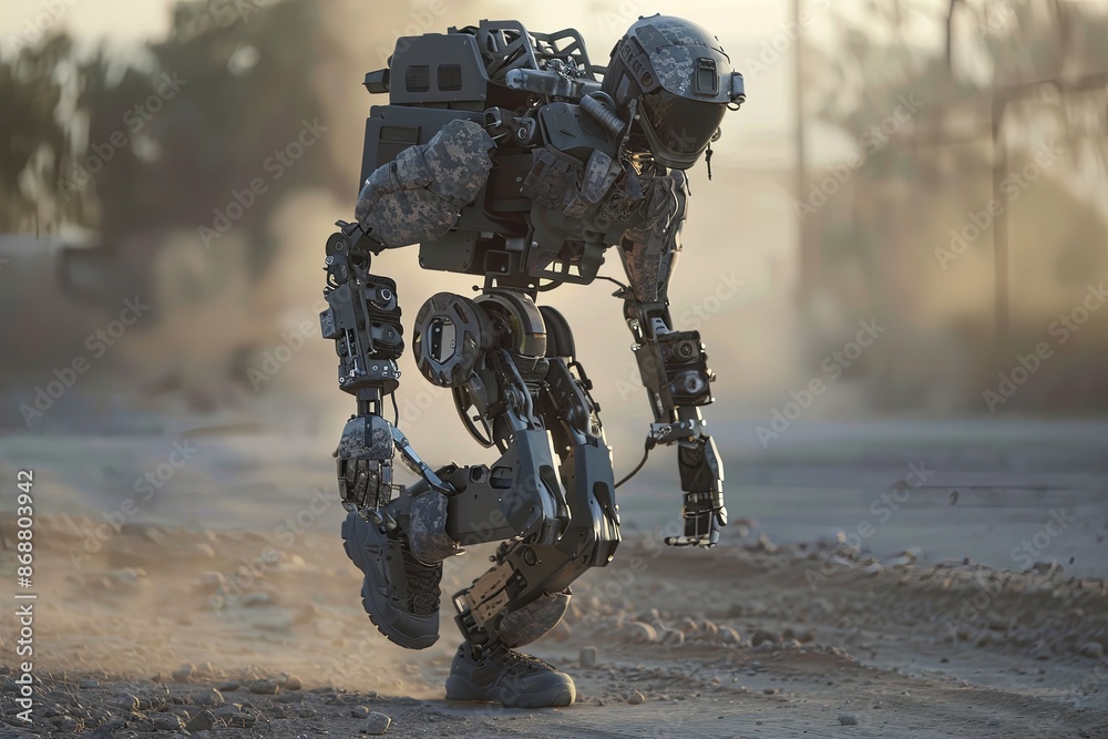 Robotic exoskeleton aids soldier in desert, showcases tech potential in military ops. Generative AI Robotic exoskeleton aids soldier in desert, showcases tech potential in military ops. Generative AI