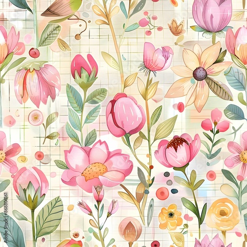 Seamless pattern light watercolor floral and stripes