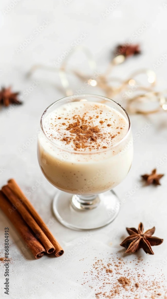 Spiced eggnog in glass cups with cinnamon sticks and star anise on a white background. Concept of holiday beverage, festive drink, Christmas treat, winter comfort Spiced eggnog in glass cups with cinnamon sticks and star anise on a white background. Concept of holiday beverage, festive drink, Christmas treat, winter comfort