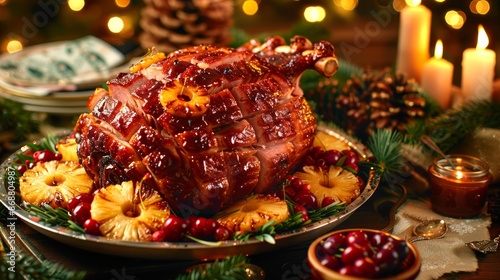 Glazed ham garnished with pineapple rings and cherries, set on a festive holiday table with candles and greenery. Concept of holiday meals, tradition, and celebration
