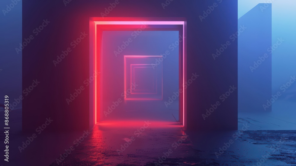 Abstract depiction of an empty ad space in a futuristic city with geometric shapes and glowing highlights with copy space
