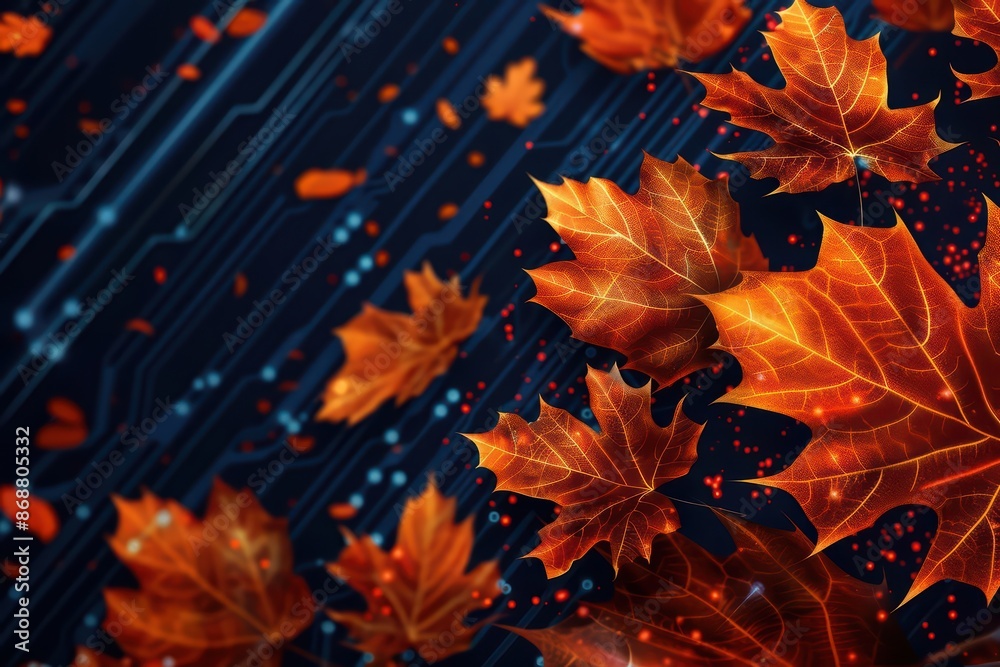 Abstract depiction of autumn leaves with futuristic geometric shapes and glowing highlights with copy space Abstract depiction of autumn leaves with futuristic geometric shapes and glowing highlights with copy space