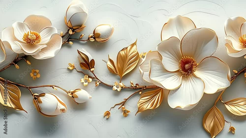 White flowers with golden leaves on white background. White and golden luxury 3d floral background