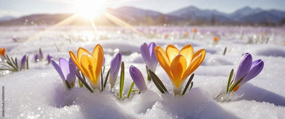 Vibrant Purple Crocus Flowers Blossoming in a Snowy Meadow under the Soft Glow of the Sun - Embracing the Beauty of Spring