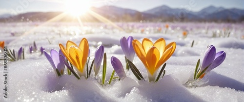 Obraz na płótnie Vibrant Purple Crocus Flowers Blossoming in a Snowy Meadow under the Soft Glow of the Sun - Embracing the Beauty of Spring w salonie