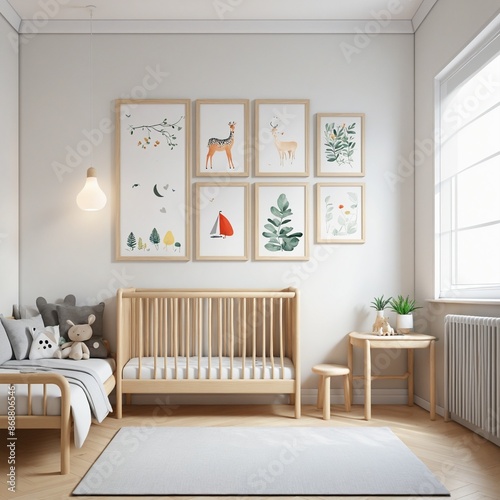 Natural wooden furniture and playful toy patterns create a cozy childcare center in a colourful Scandinavian-style children's room