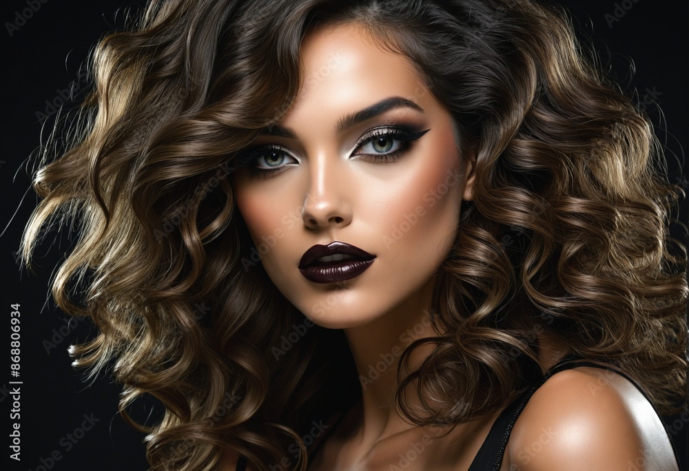 Fototapeta premium Stunning brunette beauty in a luxurious studio portrait with radiant smokey eye makeup and curly hair