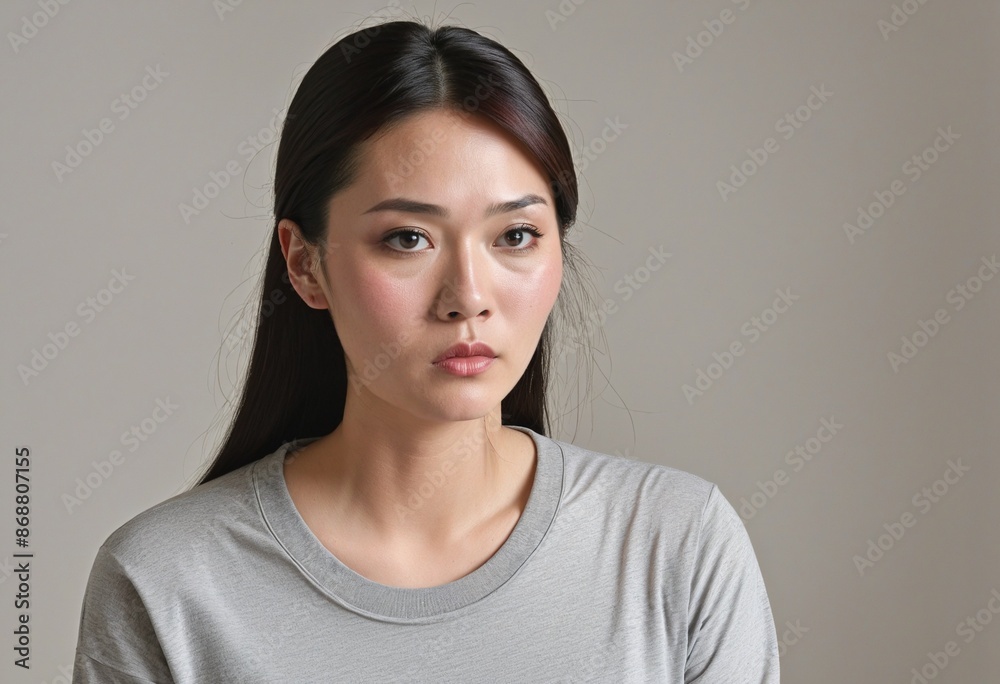 Portrait of an apprehensive Japanese woman in her 30s, recollecting her vacation home with a heart full of unrest and malfunctions Portrait of an apprehensive Japanese woman in her 30s, recollecting her vacation home with a heart full of unrest and malfunctions