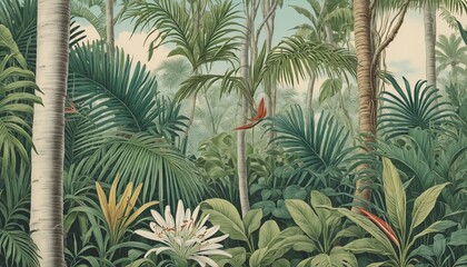 Vintage tropical botanical illustration of a lush jungle paradise