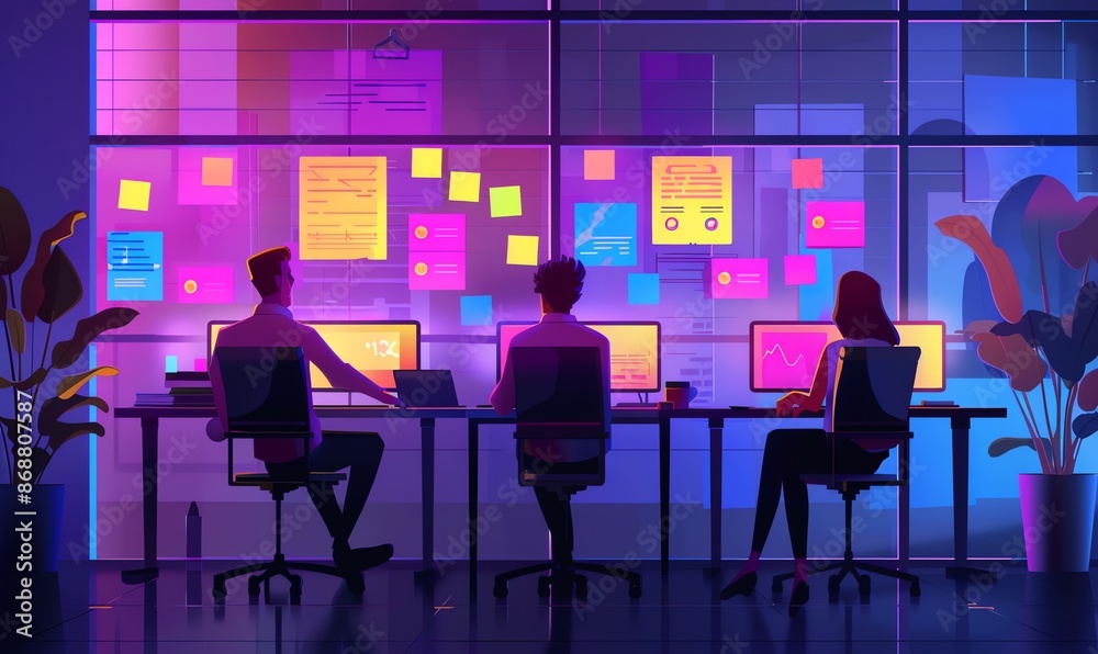 Nighttime Office Scene with Three People Working Nighttime Office Scene with Three People Working