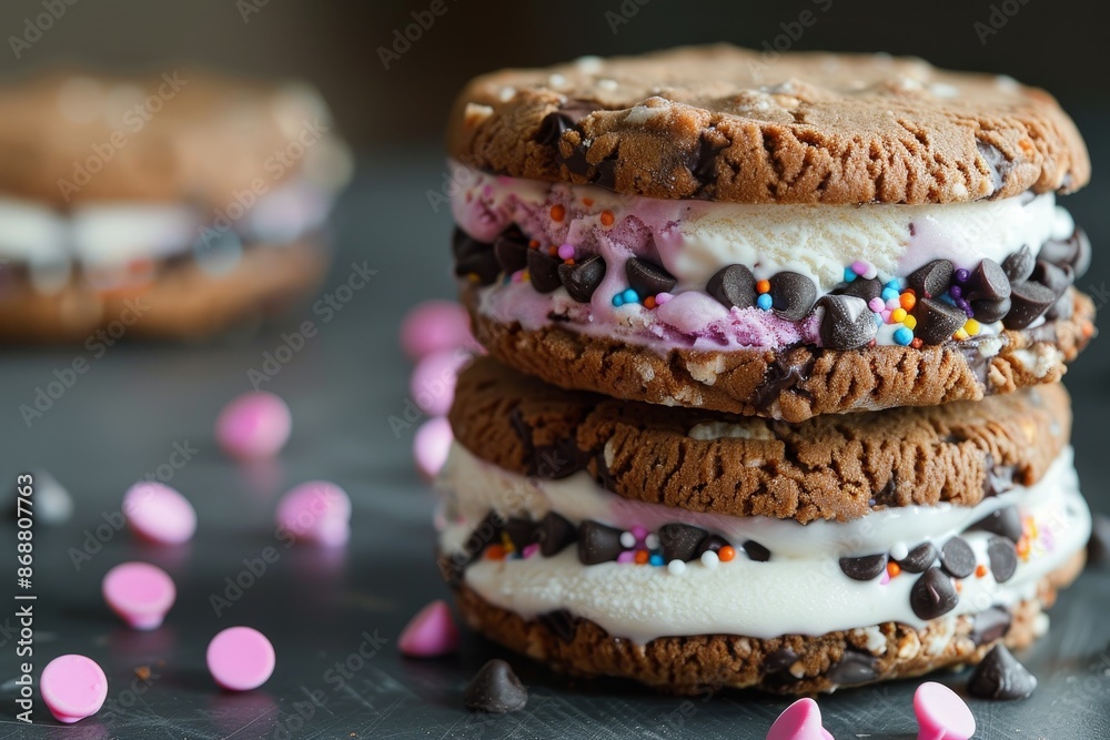 Vanilla ice cream sandwich with chocolate chip cookies and rainbow chocolate lentils Vanilla ice cream sandwich with chocolate chip cookies and rainbow chocolate lentils