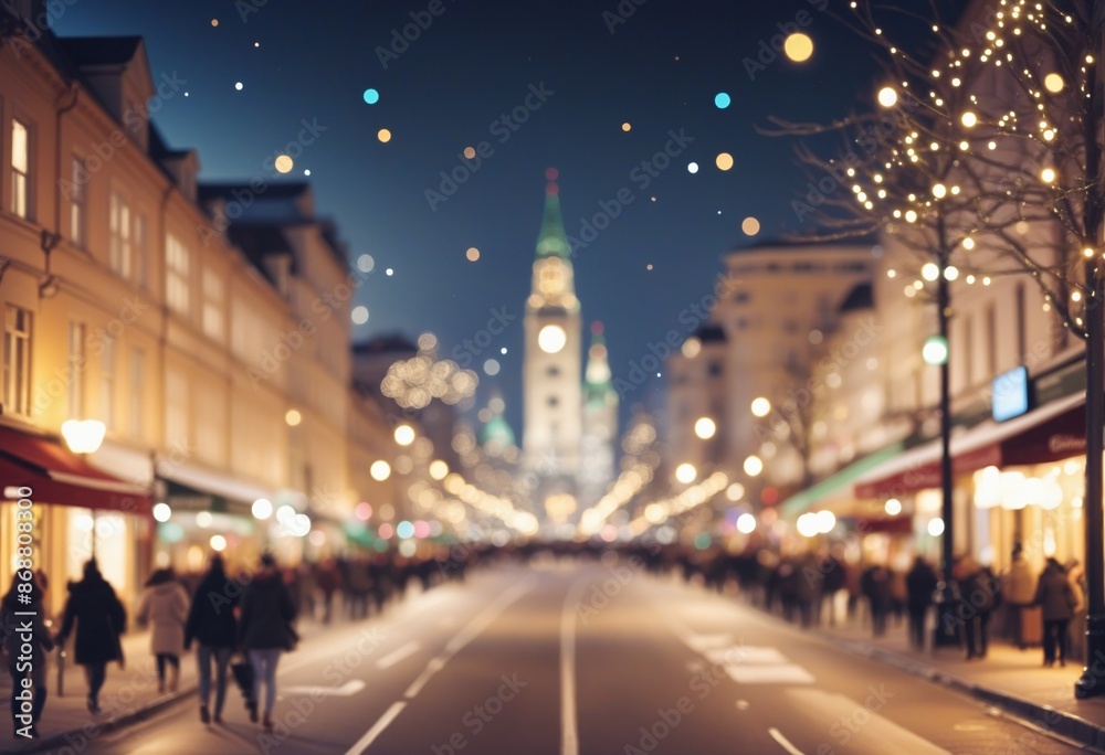 Illuminated cityscape with festive defocused lights and bokeh effect perfect for holiday products, text, and logos Illuminated cityscape with festive defocused lights and bokeh effect perfect for holiday products, text, and logos