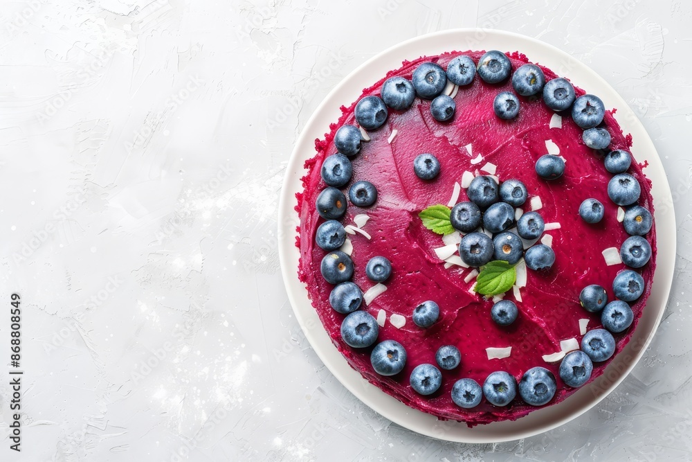 Vegan beetroot cake with blueberries and coconut chips white background top view space for text Vegan beetroot cake with blueberries and coconut chips white background top view space for text
