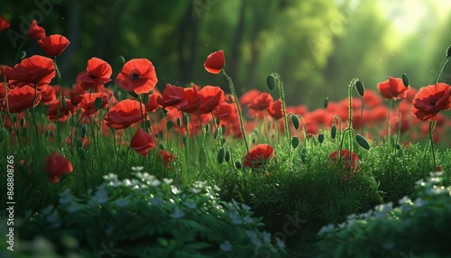 Poppies in full bloom capture nature's vibrant red and lush green foliage. The dynamic play of light showcases the vivid and captivating beauty of the blooming poppy field.