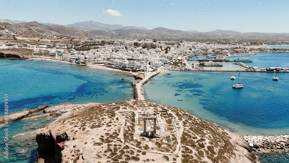 Naklejka premium Aerial drone photo of Apollo Portara on the Island of Naxos, Cyclades, Greece.