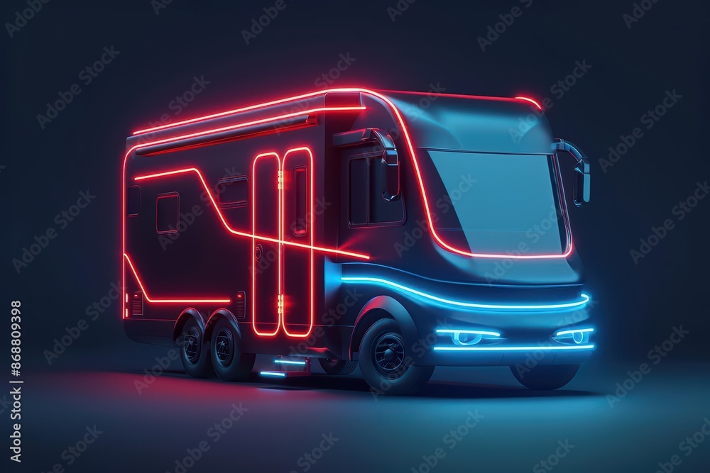 Hightech illustration of a futuristic motor home with vibrant neon accents and modern aesthetics with copy space