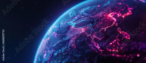 Hightech illustration of a warming planet with vibrant neon accents and modern aesthetics with copy space photo