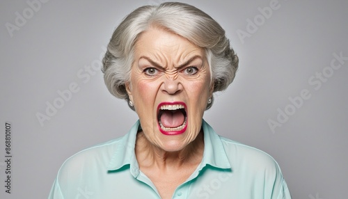 Outraged elderly woman screaming in front of the camera