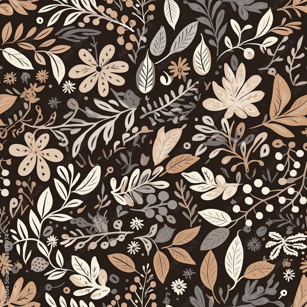 Abstract floral lino cuts of leaves and flowers designed in a random patter