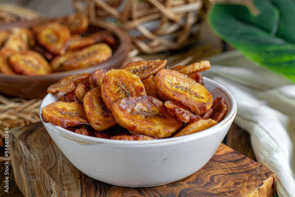 Banana chips from Malaysia and Indonesia served on white bowl and wooden board against wood background Banana chips from Malaysia and Indonesia served on white bowl and wooden board against wood background