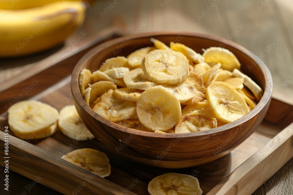 Banana chips in bowl on wooden table with tray brown background Banana chips in bowl on wooden table with tray brown background