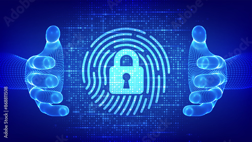 Fingerprint with padlock icon made with binary code in wireframe hands. Personal Data protection. Cyber Security. Biometrics identification. Digital background with digits 1.0. Vector Illustration.
