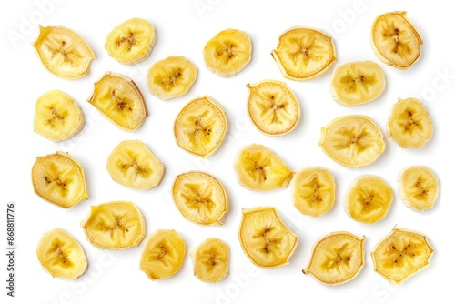Banana chips on white background top view © LimeSky