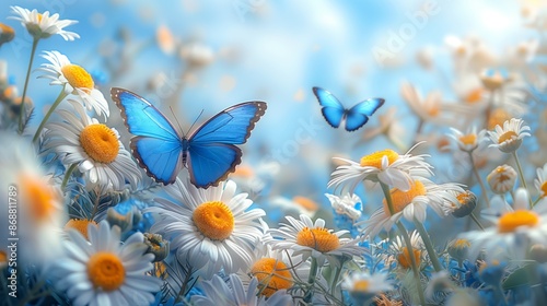 Blue butterflies fluttering around white daisies in a dreamy spring meadow. Beautiful scene of blue butterflies and daisies under a bright blue sky in a floral landscape.
