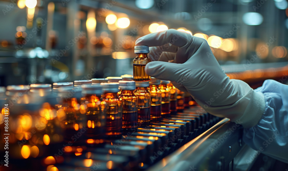 Pharmacist scientist with sanitary gloves examining medical vials on a production line conveyor belt in a pharmaceutical factory Pharmacist scientist with sanitary gloves examining medical vials on a production line conveyor belt in a pharmaceutical factory