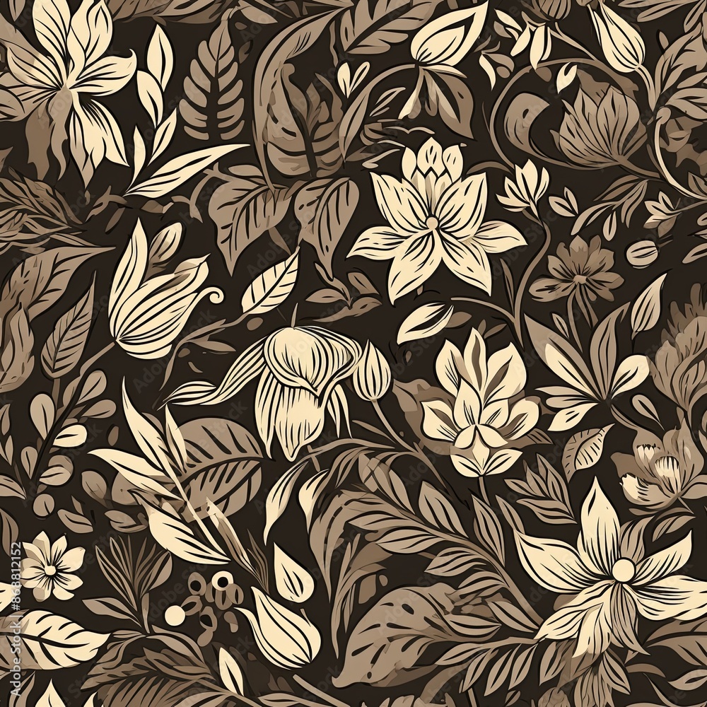 Abstract floral lino cuts of leaves and flowers designed in a random patter Abstract floral lino cuts of leaves and flowers designed in a random patter