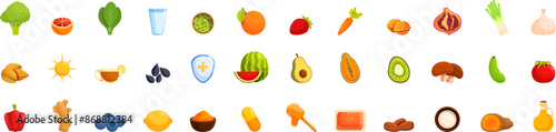 Boost immune icons set. Immune system boosting food icons set, healthy diet infographic with vitamins and minerals